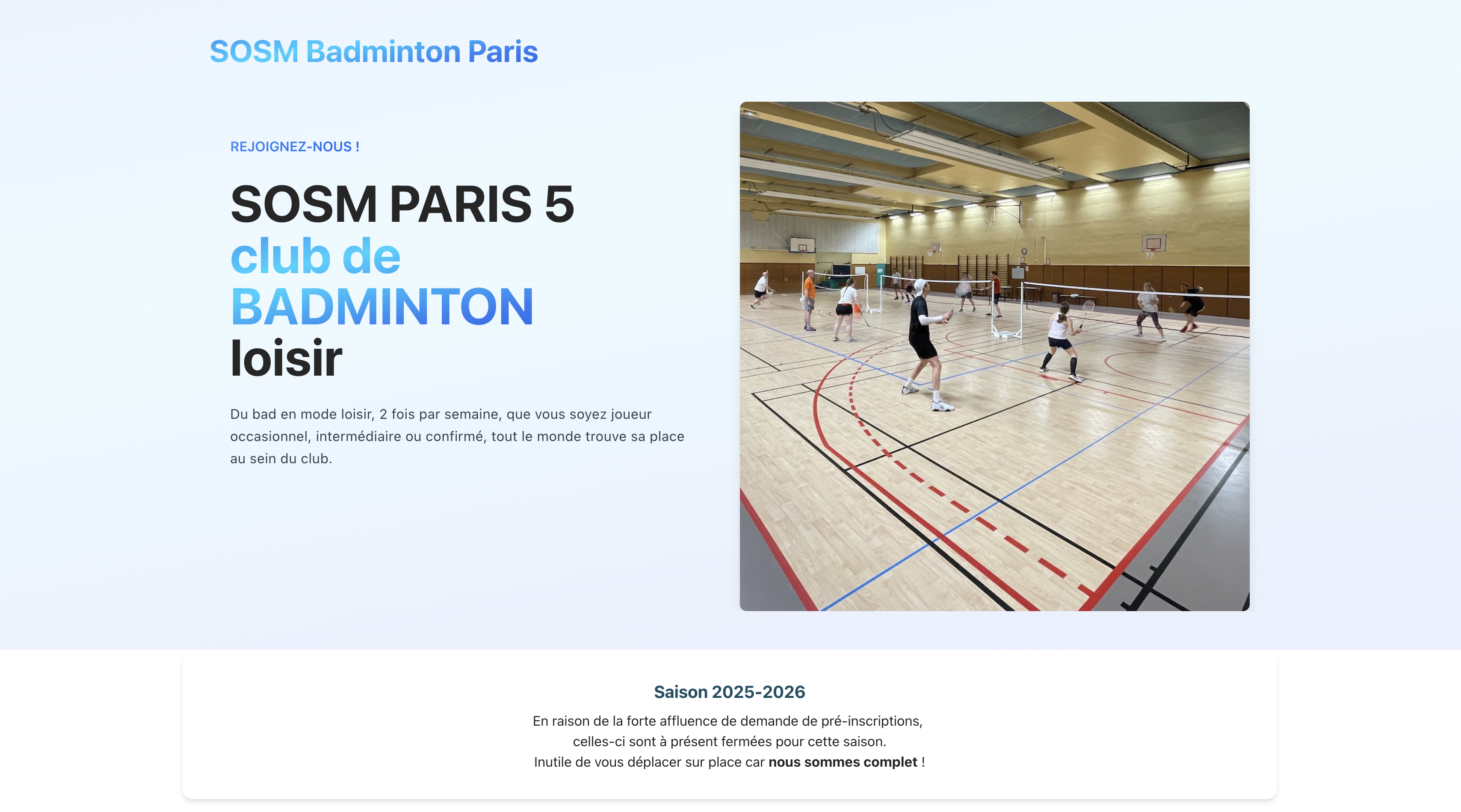 SOSM Badminton Paris 5 — page d'accueil